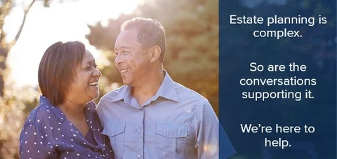 Smiling older couple standing outside with text on the right side of the image.